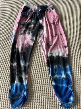 Tie-Dye Fleece Footed Pants - Pink, Black & Blue